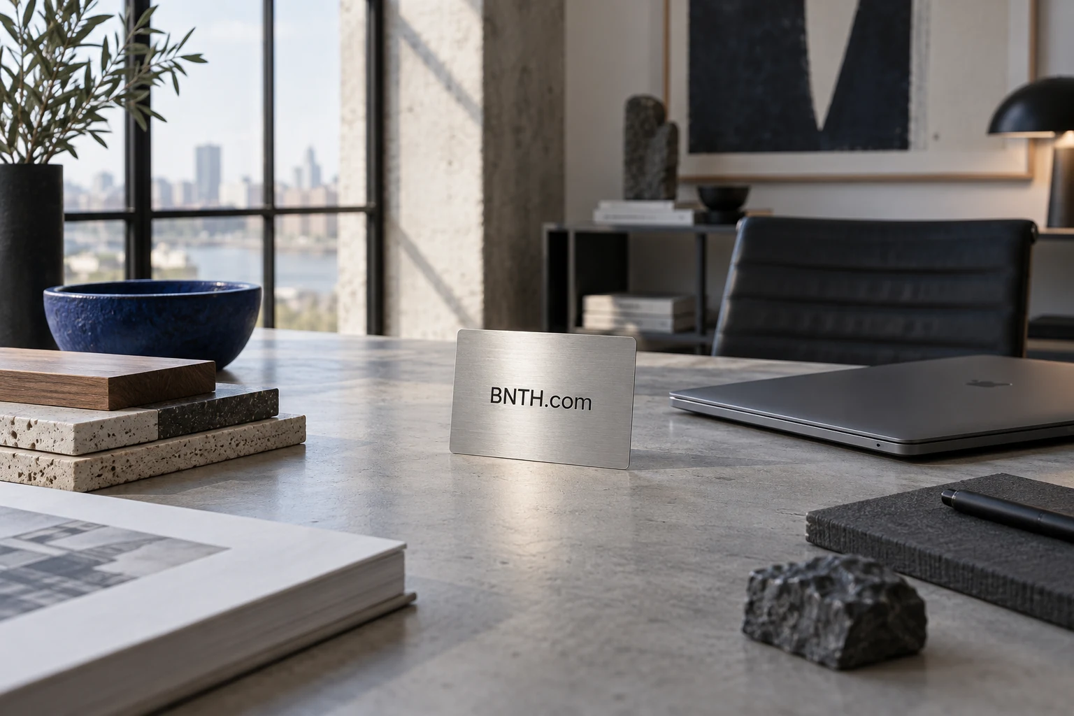 BNTH.com identity presented in a considered industrial workspace